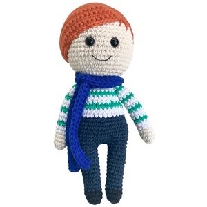 Hand Crafted Crochet Boy Doll Ginger Hair Green Stripe Shirt with Jeans Oliver